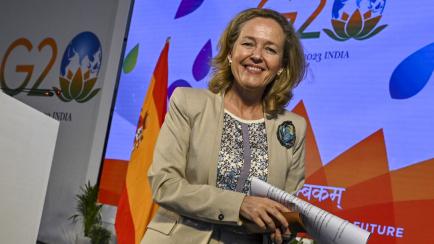 La vicepresidenta del Gobierno y ministra de Economía, Nadia Calviño, durante su participación en el G-20 celebrado en India.