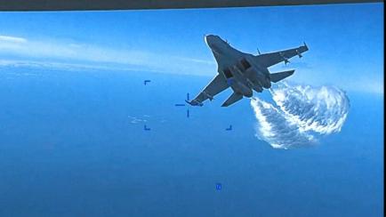 El avión ruso Su-27 implicado en el incidente aéreo con un dron estadounidense.