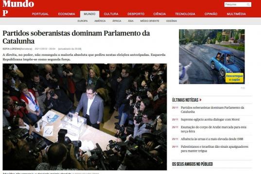"Los partidos soberanistas dominan en el Parlamento de Cataluña", titula. "Aunque el tema de la soberanía dominí, CiU no
dejó de ser castigada por la política de austeridad y recortes"