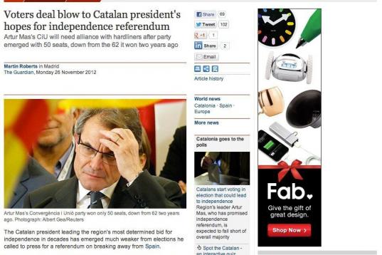 "Los votantes dan un golpe a las esperanzas del presidente catalán por un referendum de independencia", destaca.