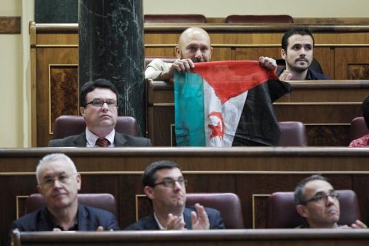 El diputado de Izquierda Plural, Ricardo Sixto, muestra una bandera saharaui durante el debate en el Pleno del Congreso.