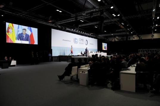 El presidente del Gobierno español, Pedro Sánchez durante su intervención en la ceremonia de apertura de la 25 Conferencia de las Partes del Convenio Marco de Naciones Unidas sobre Cambio Climático (COP).