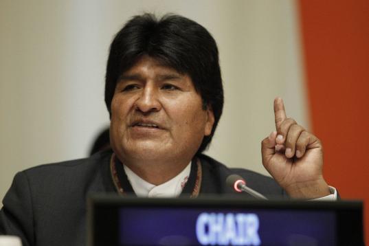 En esta foto entregada por las Naciones Unidas, el presidente de Bolivia Evo Morales habla en las Naciones Unidas, Nueva York, el miércoles 8 de enero de 2014. Morales llevó su campaña para despenalizar la hoja de la coca a la sede de Nacione...