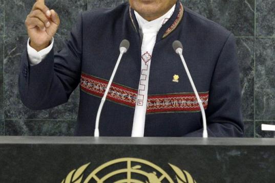 El presidente de Bolivia Evo Morales durante su presentación ante la Asamblea General de la ONU el 25 de septiembre del 2013. (AP Photo/Andrew Burton, Pool)