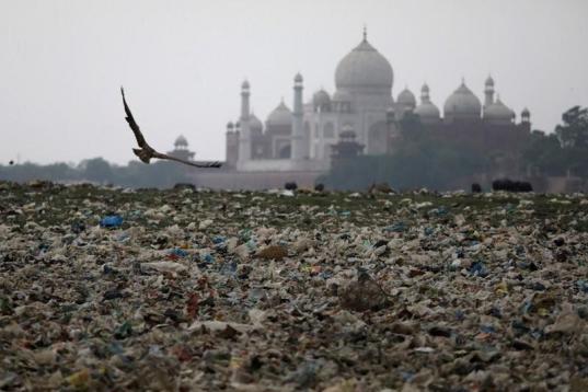 La basura se acumula a orillas del río Yamuna, cerca del Taj Mahal en Agra, India.