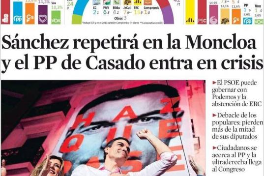 La Vanguardia, en la misma línea que los demás medios, utiliza para su portada una imagen de Sánchez victorioso. La información principal destaca una victoria en la izquierda "con amplitud" y que el PP "es dinamitado ...