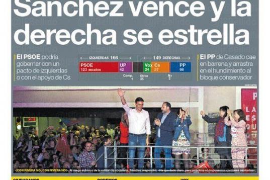 'Sanchez vence y la derecha se estrella' es el titular elegido por el diario catalán. En portada, además de una foto de los socialistas celebrando la victoria en los comicios en la puerta de Ferraz, destacan el triunfo de ERC en Ca...