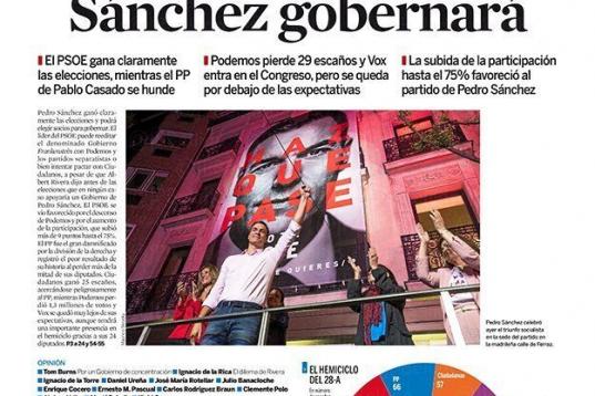 Expansión resume en dos palabras la noticia del día: 'Sánchez gobernará'. El diario económico de Unidad Editorial subraya que el PSOE gana "claramente" pero tendrá que pactar para gobernar, mientras el P...