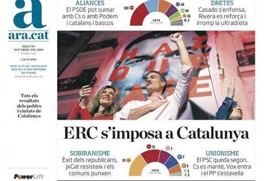 El diario catalán ﻿Ara ﻿habla de que los socialistas se imponen y miran hacia la izquierda y que ERC gana en Cataluña. En imágenes, Sánchez en Ferraz y los líderes de ERC. 