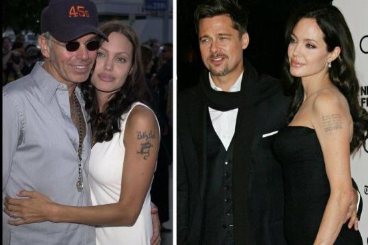 Angelina Jolie: así aprendió la lección de que tatuarse el nombre de un novio no es la mejor opción. Su matrimonio con Bob Thornton duró tres años.