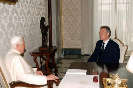 VATICAN CITY - JUNE 23: Pope Benedict XVI  meets outgoing Prime Minister Tony Blair in a private audience at his  library, on June 23, 2007  in Vatican City. (Photo by L'Osservatore Romano Vatican Pool/Getty Images) 