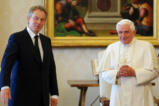VATICAN CITY - JUNE 23: Pope Benedict XVI  meets outgoing Prime Minister Tony Blair in a private audience at his library, on June 23, 2007  in Vatican City. (Photo by L'Osservatore Romano Vatican Pool/Getty Images) 