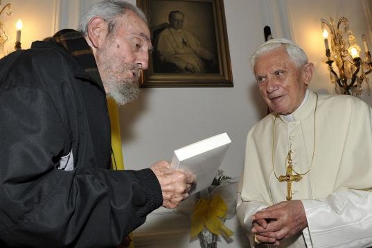 In this photo released by Cubadebate, Pope Benedict XVI, right, meets with Cuba's Fidel Castro in Havana, Cuba, Wednesday March 28, 2012. (AP Photo/Cubadebate)