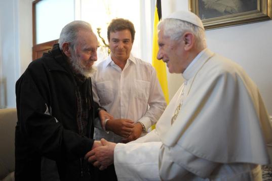 HAVANA, CUBA - MARCH 29:  Pope Benedict XVI meets with former Cuban President Fidel Castro (L) at the Vatican embassy on March 29, 2012 in Havana, Cuba. The Pope is finishing up his first trip to Cuba, fourteen years after Pope John Paul II visi...