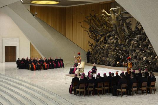 Pope Benedict XVI (C) leads his weekly general audience on January 30, 2013 at the Paul VI hall at the Vatican. AFP PHOTO / ANDREAS SOLARO        (Photo credit should read ANDREAS SOLARO,ANDREAS SOLARO/AFP/Getty Images)