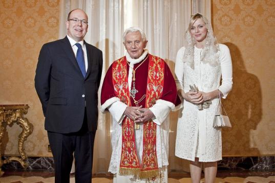 VATICAN CITY, VATICAN - JANUARY 12:  Pope Benedict XVI meets HSH Prince Albert II of Monaco and HSH Princess Charlene of Monaco during a private audience at his library on January 12, 2013 in Vatican City, Vatican.  (Photo by Vatican Pool/Getty ...