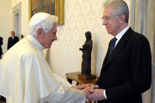 In this photo provided by the Vatican paper L'Osservatore Romano, Italian Prime Minister Mario Monti, right, and Pope Benedict XVI meet during an official visit at the Vatican Saturday, Jan. 14, 2012. Premier Mario Monti has met with Pope Benedi...