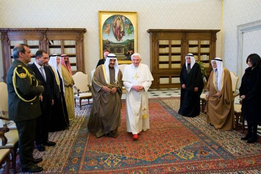 VATICAN CITY, VATICAN - NOVEMBER 23:   Pope Benedict XVI (R) meets with Kuwaiti Emir Sheikh Sabah al-Ahmad al-Sabah and his delegation at his library on November 23, 2009 in Vatican City, Vatican. Sheikh Sabah is one of eight world leaders meeti...