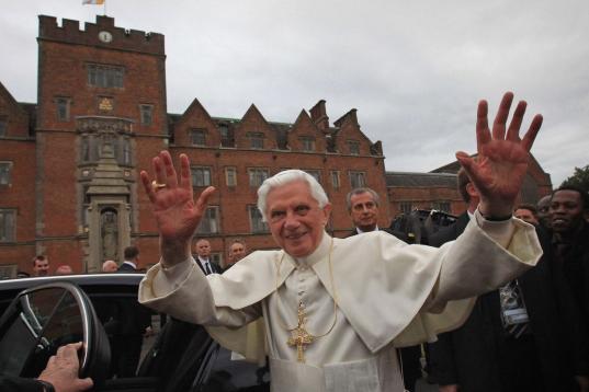 BIRMINGHAM, ENGLAND - SEPTEMBER 19:  Pope Benedict XVI waves as he leaves Oscott College, the home of the Seminary of the Archdiocese of Birmingham, where he met with the Bishops of England, Scotland and Wales, on September 19, 2010 in Birmingha...