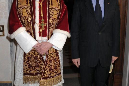 Pope Benedict XVI meets with French president Nicolas Sarkozy during a private audience at the Vatican, 20 December 2007. The visit comes amid a media frenzy in France over Sarkozy's reported romance with singer and ex-model Carla Bruni, just tw...