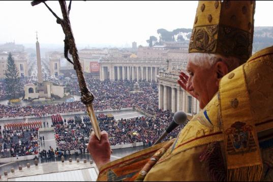 ITALY - DECEMBER 25:  It was Benedict's first Christmas 'urbi et Orbi' message - Latin for 'to the city and to the world', and he continued the tradition of Pope John Paul II by using the speech to review conditions around the world and lament t...