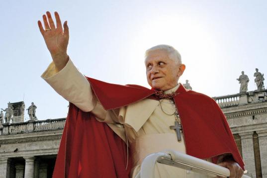 Vatican City, VATICAN CITY STATE:  Pope Benedict XVI blesses pilgrims as he arrives in St. Peter's square for his traditional weekly general audience 07 December 2005 at Vatican. The pontiff marks 40 years since the closing of the second Vatican...