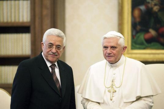 VATICAN CITY - DECEMBER 3:  Pope Benedict XVI (R) meets with Palestinian President Mahmoud Abbas at his private library December 3, 2005 in Vatican City. Abbas, who is two-day visit to Italy, had a 20 minute audience with the Pontiff.  (Photo by...