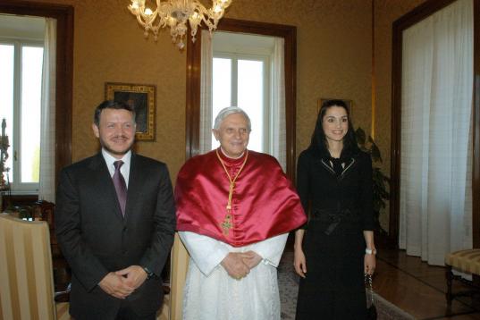 CASTEL GANDOLFO, ITALY - SEPTEMBER 12:  Pope Benedict XVI (C) meets with King Abdullah II of Jordan and his wife, Queen Rania, at his summer residence September 12, 2005 in Castel Gandolfo, Italy. King Abdullah II is on an official visit to the ...