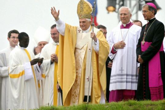 KERPEN, Germany:  Pope Benedict XVI celebrates Sunday's mass at the Marienfeld in Kerpen, 21 August 2005, as part of the World Youth jamboree. The mass at Marienfeld park, expected to be attended by 800,000 Roman Catholics, is the culmination of...
