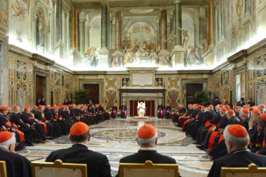 VATICAN CITY, Vatican:  Pope Benedict XVI speaks during a meeting with the cardinals of the Roman Catholic Church 22 April 2005 in the Vatican City. The Popewarmly thanked the cardinals telling them he needed their advice and support to complete...