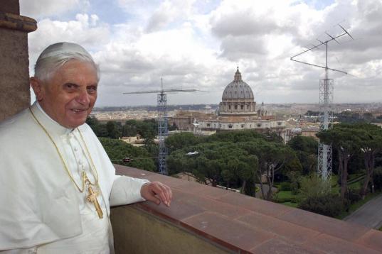 VATICAN CITY, Vatican:  Pope Benedict XVI stands on a balcony at the Vatican 20 April 2005. Newly elected Pope Benedict XVI made his first trip outside the Vatican, to his former apartment in Rome where he was greeted by well-wishers.   AFP PHOT...