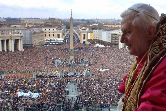 VATICAN CITY, Vatican:  Pope Benedict XVI, Cardinal Joseph Ratzinger of Germany, appears on the balcony of St Peter's Basilica in the Vatican after being elected by the conclave of cardinals, 19 April 2005.  AFP PHOTO POOL Osservatore Romano Art...