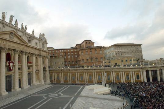 VATICAN CITY - APRIL 19:  Crowds gather in St. Peter Square to listen to newly elected Pope Benedictae XVI on April 19, 2005 in Vatican City. German Cardinal Joseph Ratzinger was elected the 265th Pope and will lead the world's 1 billion Catholi...