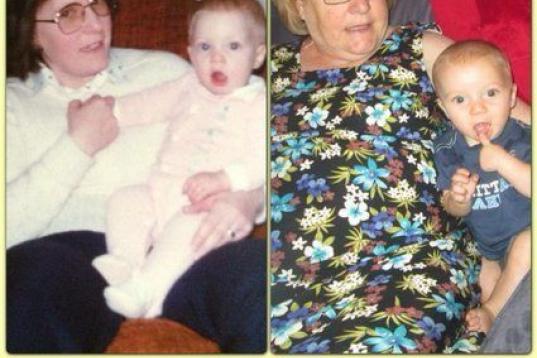 Mi madre conmigo en 1983 y otra fotografía de ella con mi hijo Nicholas en 2013. ¡No es una fotografía montada!
