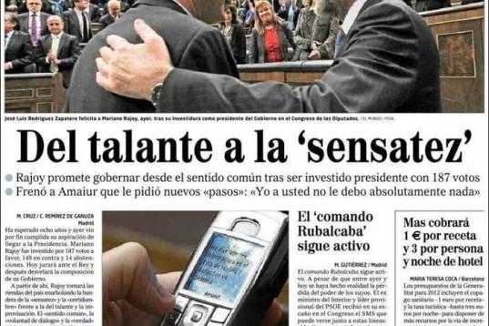 Una foto de Alberto Cuéllar para El Mundo pillaba a Rubalcaba en diciembre de 2011 recibiendo este mensaje: "Me dice nuestra informadora en el Ayto de Madrid q Gallardon va Defensa" 