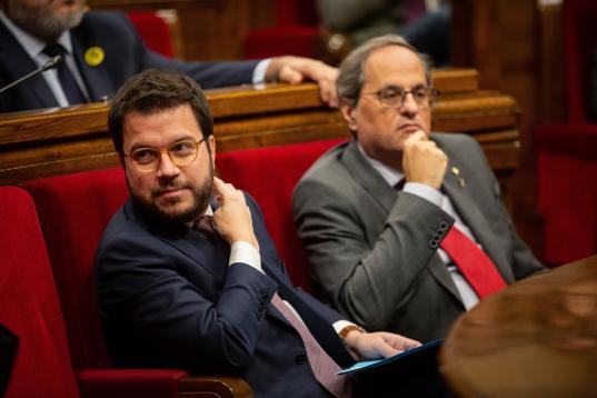 BARCELONA, SPAIN - NOVEMBER 26: (I-D) The vice president of Cataluña, Pere Aragones, and the president of Cataluña, Quim Torra, at the chamber of the Parliament of Cataluña during a plenary session on November 26, 2019 in Barcelona, Spain. (P...