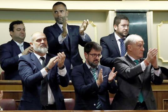 Los diputados de Vox, todos con su pulserita de la bandera de España.