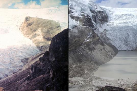 El glaciar tropical Qori Kalis, en Perú, ha experimentado un notable retroceso desde la imagen de la izquierda, tomada en 1978, y la de la derecha, correspondiente a 2011. 