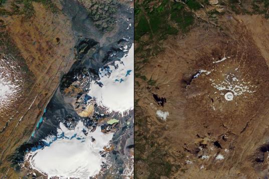 La imagen de la izquierda fue tomada en 1986. La de la derecha, en 2019. Es lo que queda del glaciar Okjökull, en Islandia, cuya 'muerte' fue decretada en 2014.