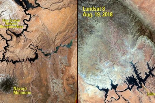Así ha ido perdiendo caudal el lago Powell, situado en Arizona (EEUU), en los últimos 30 años. La imagen de la izquierda es de 1984. La de la derecha, de 2018.