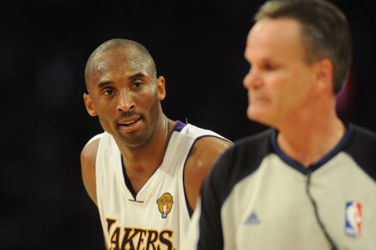 LA Lakers guard Kobe Bryant talks to the referee before the Boston Celtics went on to win 103-94 in game two of the NBA finals at the Staples Center in Los Angeles on June 6, 2010.  The defending champion Los Angeles Lakers are not only seeking ...