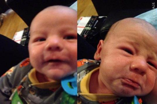 "Estas fotos fueron tomadas a 10 segundos de la otra... Bebé feliz... bebé enojado. Y por ninguna razón aparente".