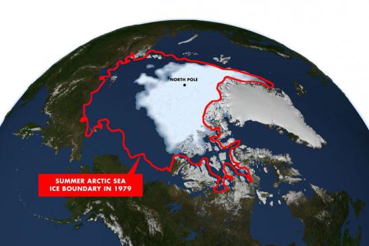 El 18 de septiembre de 2012 el casquete polar alcanzó su mínimo histórico. Comparado con su extensión en el verano de 1979 (trazo rojo), el hielo ártico se redujo a la mitad.