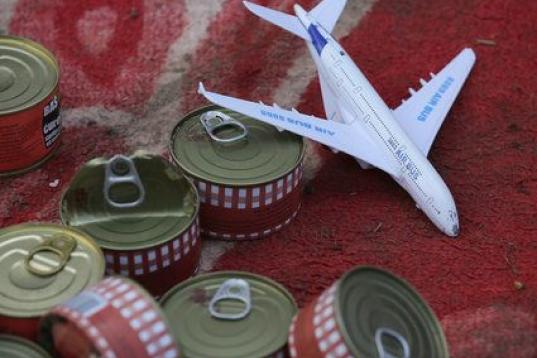 Un avión de juguete y latas de comida.