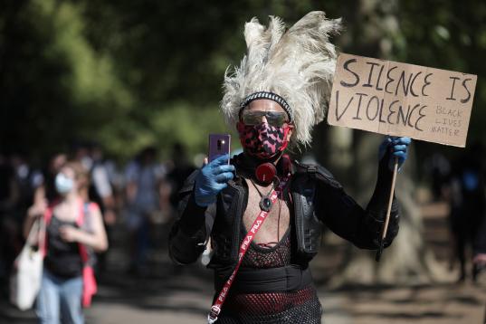 LONDON, ENGLAND - JUNE 01: Protesters take part in a 'Black Lives Matter' demonstration on June 01, 2020 in London, England. Protests and riots continue across American following the death of George Floyd, who died after being restrained by Minn...