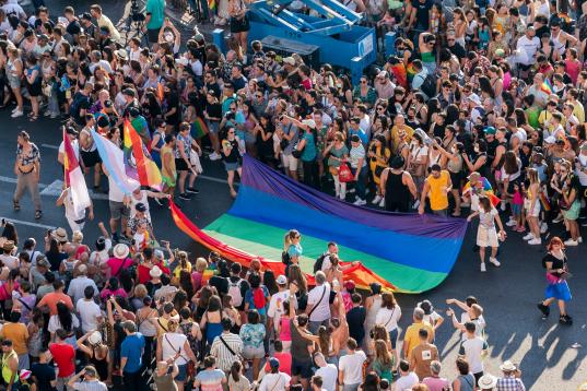 MADRID, SPAIN - JULY 09: Views from the Madrid City Hall of the attendees of the LGTBIQ Pride demonstration, on July 9, 2022, in Madrid, Spain. The march, organized by COGAM and FELGTB, and vindictive and festive in equal parts, runs through the...