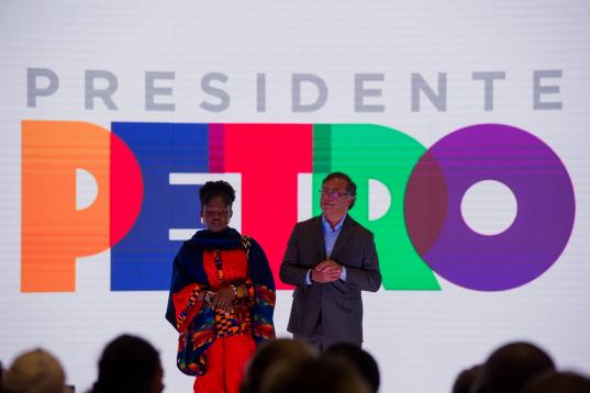 Colombian presidential candidate of the political alliance Pacto Historico, Gustavo Petro (Right), presents his running mate Francia Marquez (Left) for Colombia 2022 Presidential run in Bogota on March 23, 2022. (Photo by Sebastian Barros/NurPho...