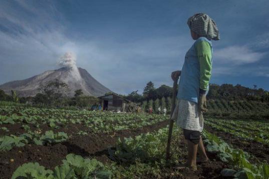 Una granjera de Indonesia observa el volcán del Monte Sinabung mientras éste expulsa lava y ceniza. 