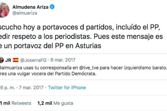José Ramón Fernández, portavoz del PP en la localidad asturiana de Carreño, tildó de "vulgar vocera" del Partido Demócrata a Almudena Ariza. Lo hizo en 2017, cuando Ariza todavía era corresponsal de TVE en EEUU. Además, acusó a la perio...