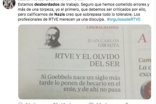 Este es el tuit de Xabier Fortes, presentador de Los Desayunos de TVE, respondiendo a un artículo de Juan Carlos Girauta, todavía entonces miembro de Ciudadanos, comparando el trabajo en TVE durante la pandemia de coronavirus con e...